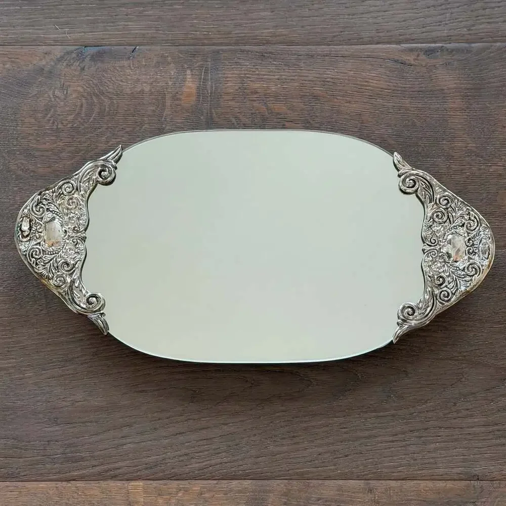 Godinger Silver Oval Vanity Mirror Tray Ornate Scroll Metal Handles & Feet